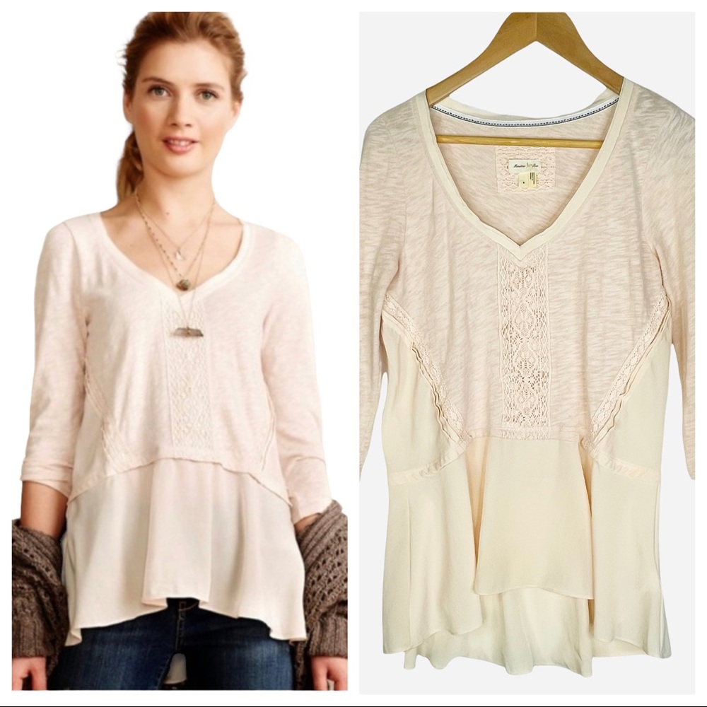 MEADOW RUE Anthropologie Light Pink Slub Knit Flowy Peplum V-Neck Shirt Sz S